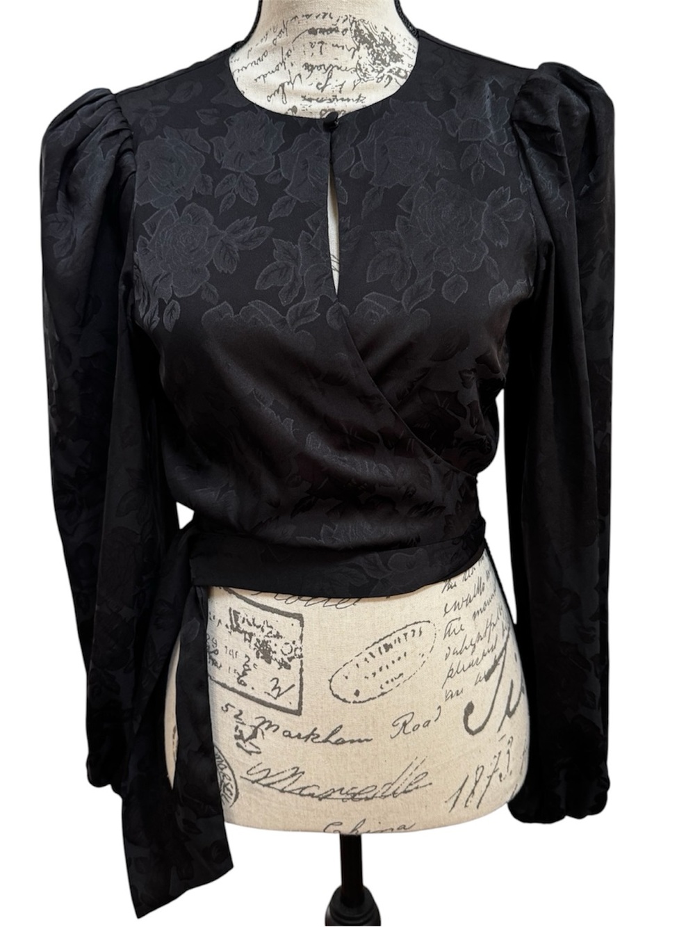 Wayf Black Floral Jacquard Wrap Top with Puff Sleeves